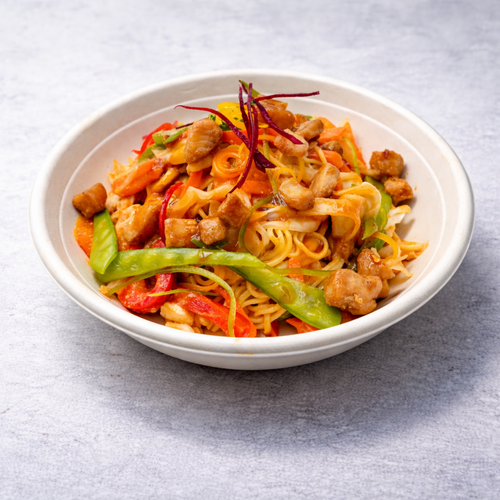 Chicken noodles with peanut butter and soya sauce
